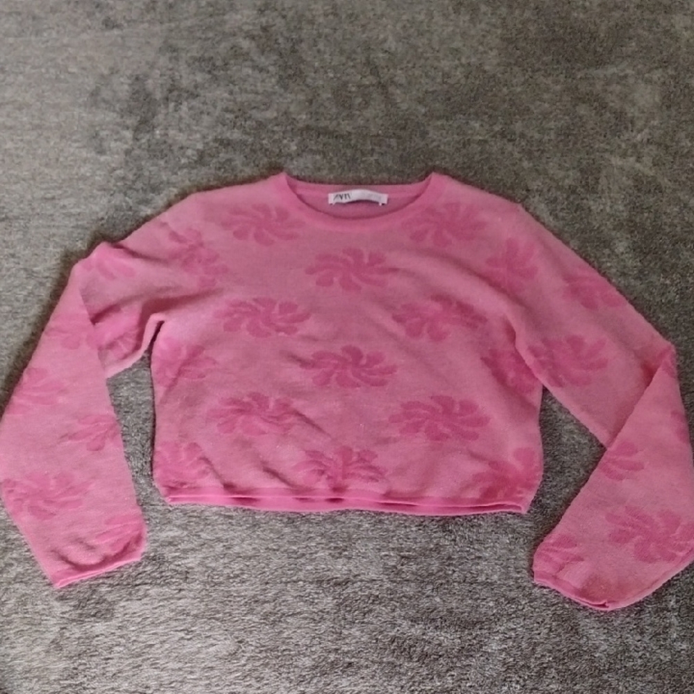 Zara Pink Mesh Floral Jacquard Metallic Effect Cropped Top